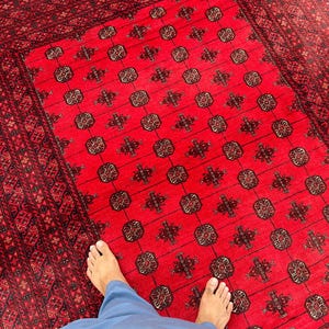 7x8 Bukhara Rug | Antique Turkmen Afghan Wool Carpet | Red Hand-Knotted Tribal Rug | Vintage Oriental Home Decor | Nomadic Boho Bedroom Rug