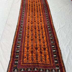 Stunning Afghan Handmade Balochi Soft Wool Runner Rug, 3'10" x 12'9" | Hand-Knotted, Vintage Tribal Design, Rich Orange & Red Colors