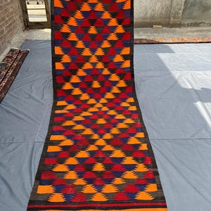 Vintage Afghan Kilim Runner Rug 3.3x9.9 Ft | Handwoven Flatweave Wool Carpet | Bold Tribal Decor | Orange Long Boho Rug, Turkish style Kilim