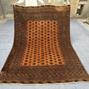 Antique Turkmen Bukhara Rug 6x9 | Hand Knotted Afghan Wool Carpet | Tribal Geometric Area Rug | Vintage Oriental Room Decor, Bedroom rug