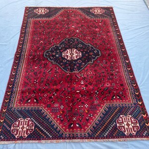 Antique Caucasian Vintage Red Wool Rug – Handwoven 6.5x9.2 ft Traditional Geometric Carpet – Collectible Oriental Area Rug Decor