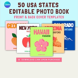 May include: A set of five colorful photo book cover templates featuring different states in the USA. The covers feature a peach, an apple, a flower, a mountain, and a canyon. Each cover includes the state name, a tagline, and the year 2024.