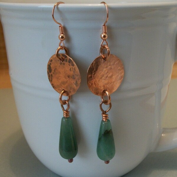 Aventurine and copper metalwork long dangle earrings - copper jewelry - copper earrings