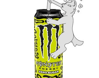 May include: A Monster Energy Zero Sugar drink can with a bright neon yellow and black pattern. The text Lando Norris, Monster Energy, and Zero Sugar are visible. A light gray cartoon wolf character is drinking from the can with a straw.