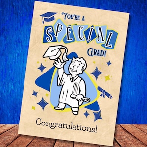 Tarjeta de graduación de Fallout para imprimir en formato digital, tarjeta especial para estudiantes de posgrado en formato PDF de 5 x 7 y 4 x 6, con bonificación