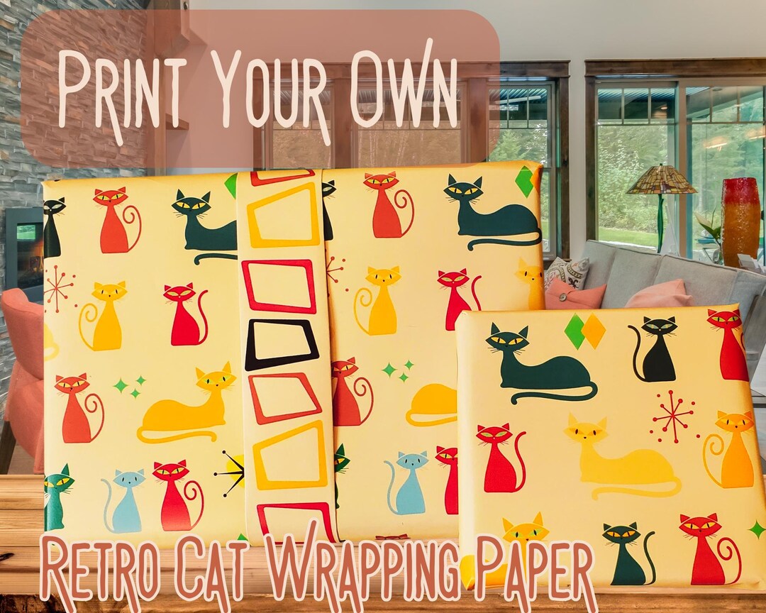 Retro Atomic Cat Printable Wrapping Paper Mid Century Modern Printable