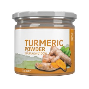 Pode incluir: Um frasco de vidro de pó de açafrão com um rótulo branco que diz "Pó de açafrão" e "100% Açafrão puro". O rótulo também tem uma imagem de raiz de açafrão.