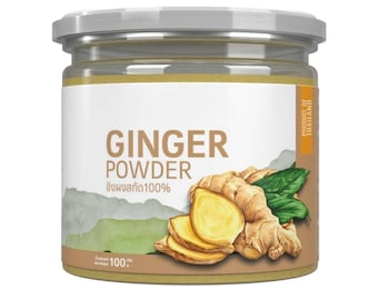 May include: A glass jar of ginger powder with a white label. The label has a drawing of ginger root and the text "Ginger Powder" and "100% Ginger". The jar is labeled "Product of Thailand".