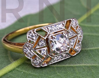 Bague de fiançailles ancienne Art déco : cz et moissanite, argent 925 plaqué or