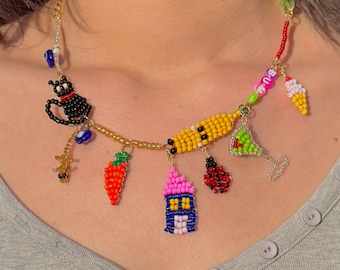 Beaded Charm Necklace, Colorful Beaded Necklace, Personalized Beaded Name Necklace