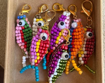 Beaded Fish Charms, Bag Charm With Fish, Purse Charm Keychain, Beaded Key Charms, Keychain For Bridesmaid, Colorful Bead Keychain