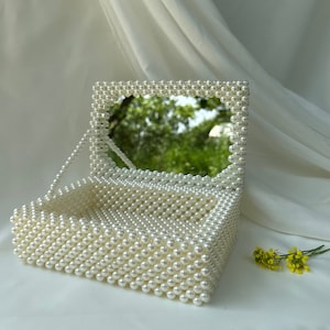 Caixa de joias de casamento de pérolas com espelho, caixa de joias vintage com contas de pérolas, caixa de joias de luxo, caixa de joias de noiva