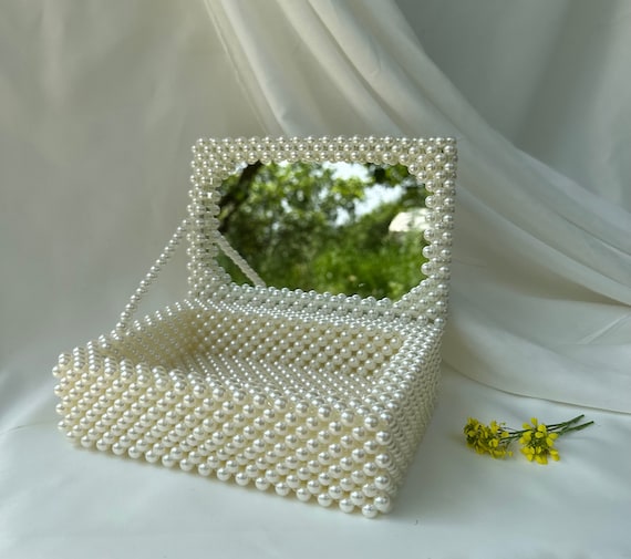 Pearl Wedding Jewelry Box With Mirror, Vintage Pearl Beaded