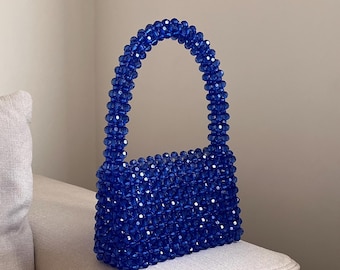 Handmade Blue Crystal Beaded Bag: Evening Shoulder Bag