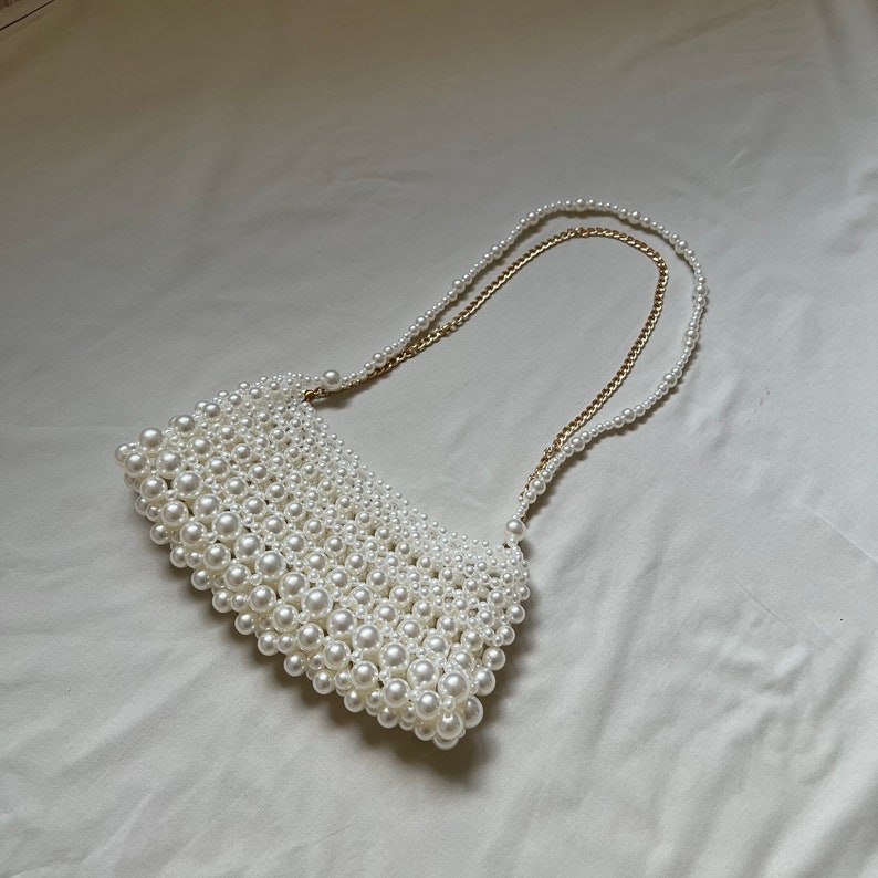 Pearl Beaded Shoulder Bag, Pearl Bridal Bag, Wedding Pearl Purse, Vintage Pearl Bead Bag, Victorian Pearl Bag, White Bead Bag image 6