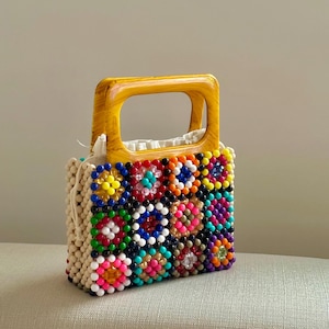 Handmade Granny Square Beaded Bag: Boho Bamboo Handle Clutch