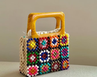 Handmade Granny Square Beaded Bag: Boho Bamboo Handle Clutch