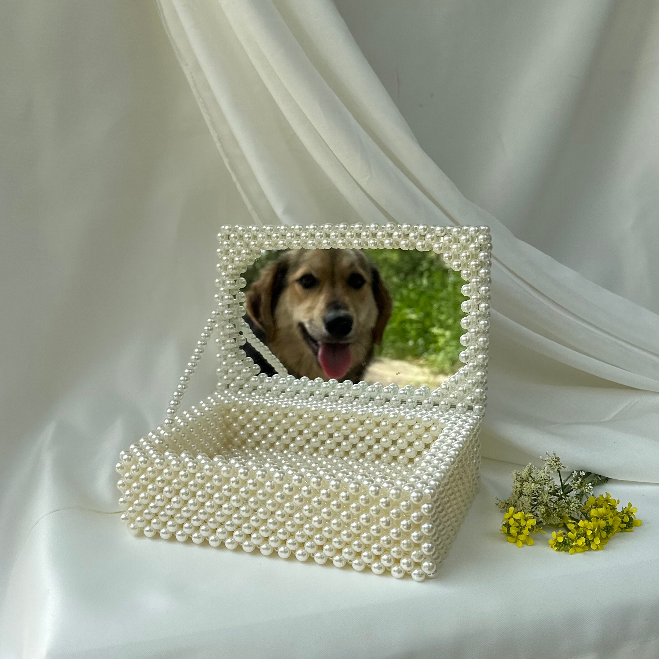 Pearl Wedding Jewelry Box With Mirror, Vintage Pearl Beaded