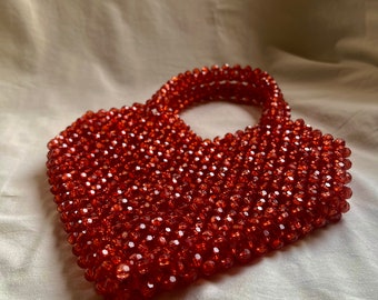 Red Crystal Bead Bag, Valentine Gift Bag, Heart Shaped Bead