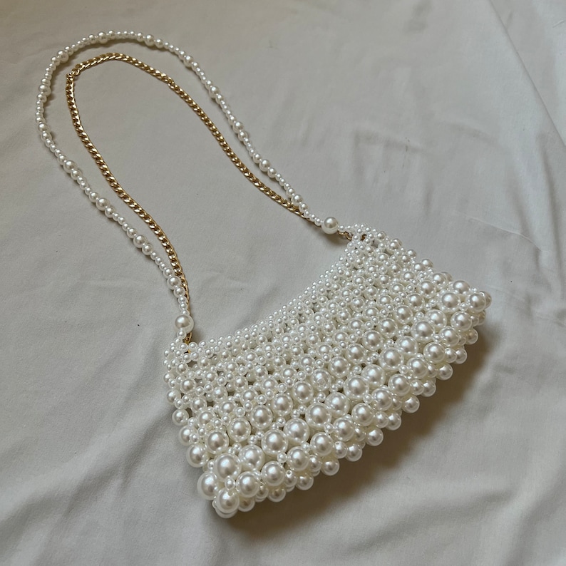 Pearl Beaded Shoulder Bag, Pearl Bridal Bag, Wedding Pearl Purse, Vintage Pearl Bead Bag, Victorian Pearl Bag, White Bead Bag image 10