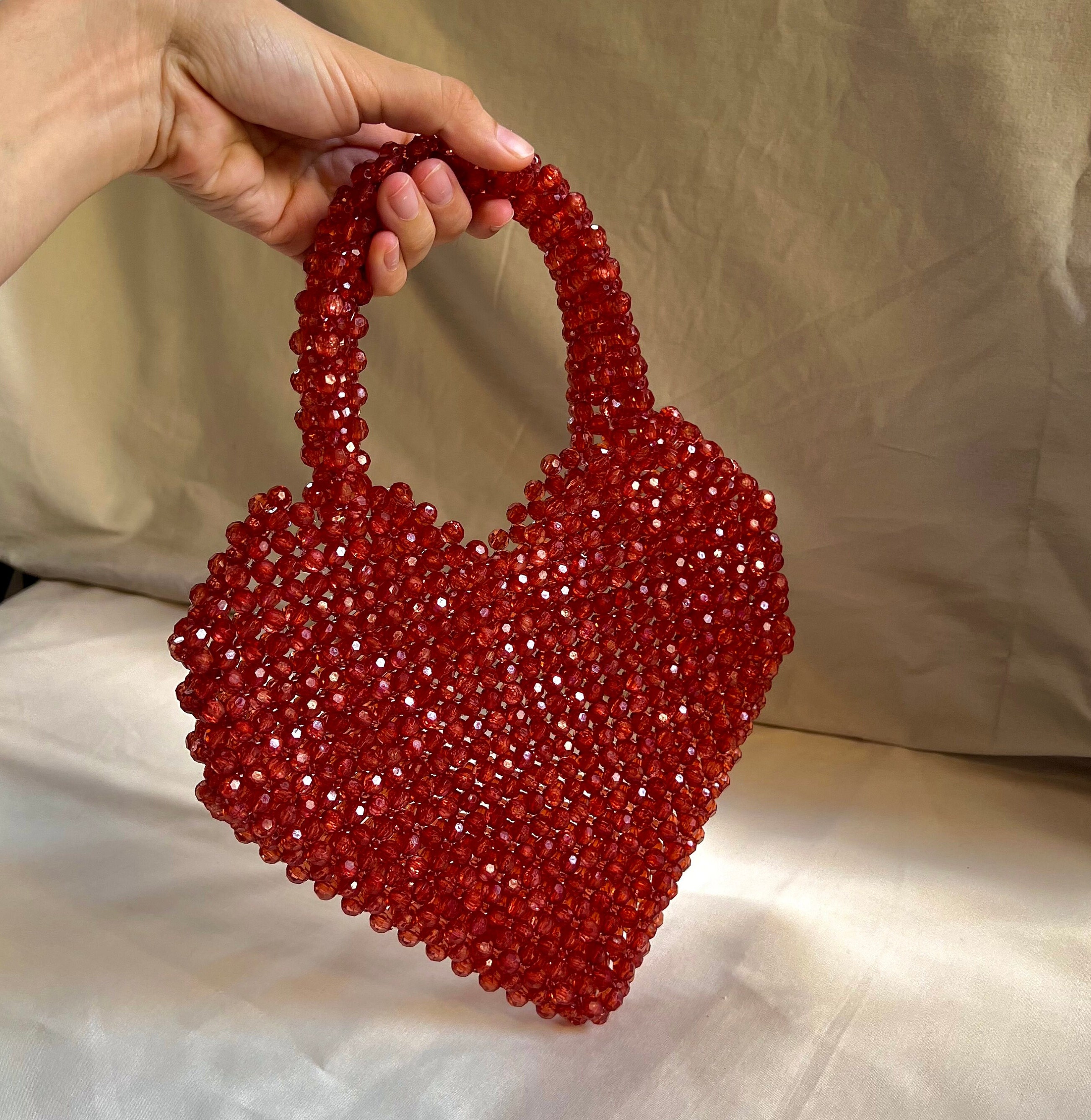 Red Crystal Bead Bag, Valentine Gift Bag, Heart Shaped Bead