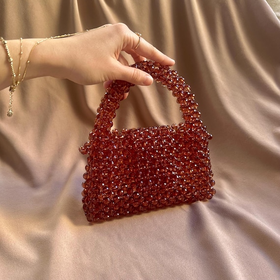 Brown Crystal Beaded Bag: Handmade Top Handle Evening Bag - Etsy