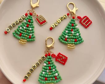 Christmas Keychain With Name, Christmas Bag Charm, Personalized Beaded Keyring, Beaded Christmas Tree Charm, Personalized Christmas Gift