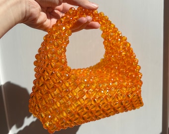 Orange Crystal Beaded Bag for Women, Bead Shoulder Bag, Women Bead bag, Bead Bag, Orange Bead bag, Top Handle Bead Bag