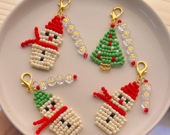 Christmas Bag Charm, Christmas Keychain With Name, Beaded Christmas Ornaments, Personalized Name Keychain, Beaded Snowman and Christmas Tree