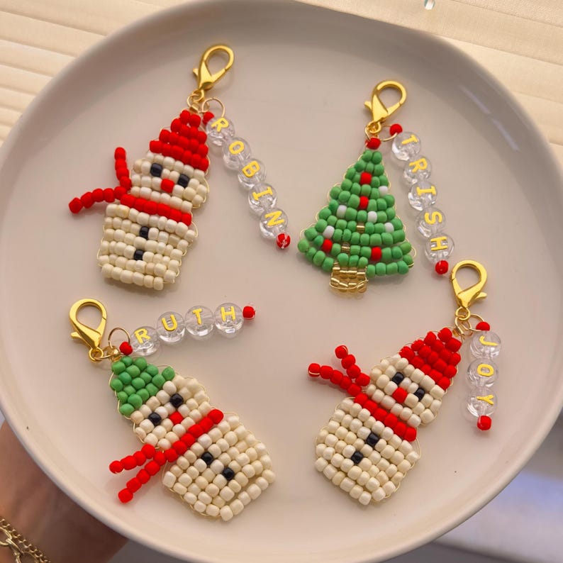 Christmas Bag Charm, Christmas Keychain With Name, Beaded Christmas ...