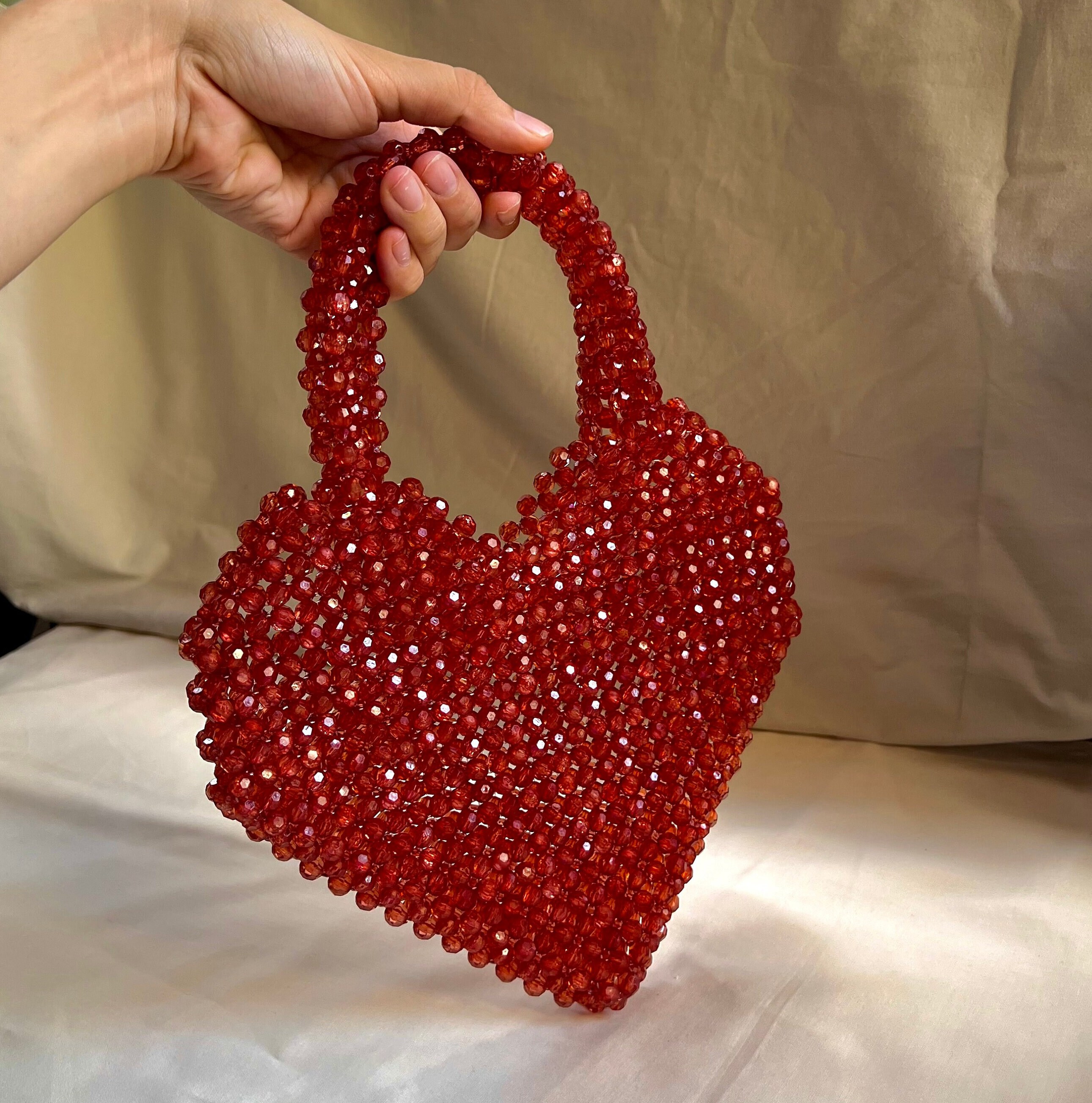 バッグ HEART BEADED BAG Heart Bead Bag, Red Beaded Bag, Handmade Bead Bag