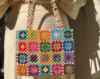 Perlen Umhängetasche, Oma Quadrat Perlentasche, ethnische Boho Perlentasche, Perlentaschengriff, Perlentaschengriff, wasserdichte Strandtasche