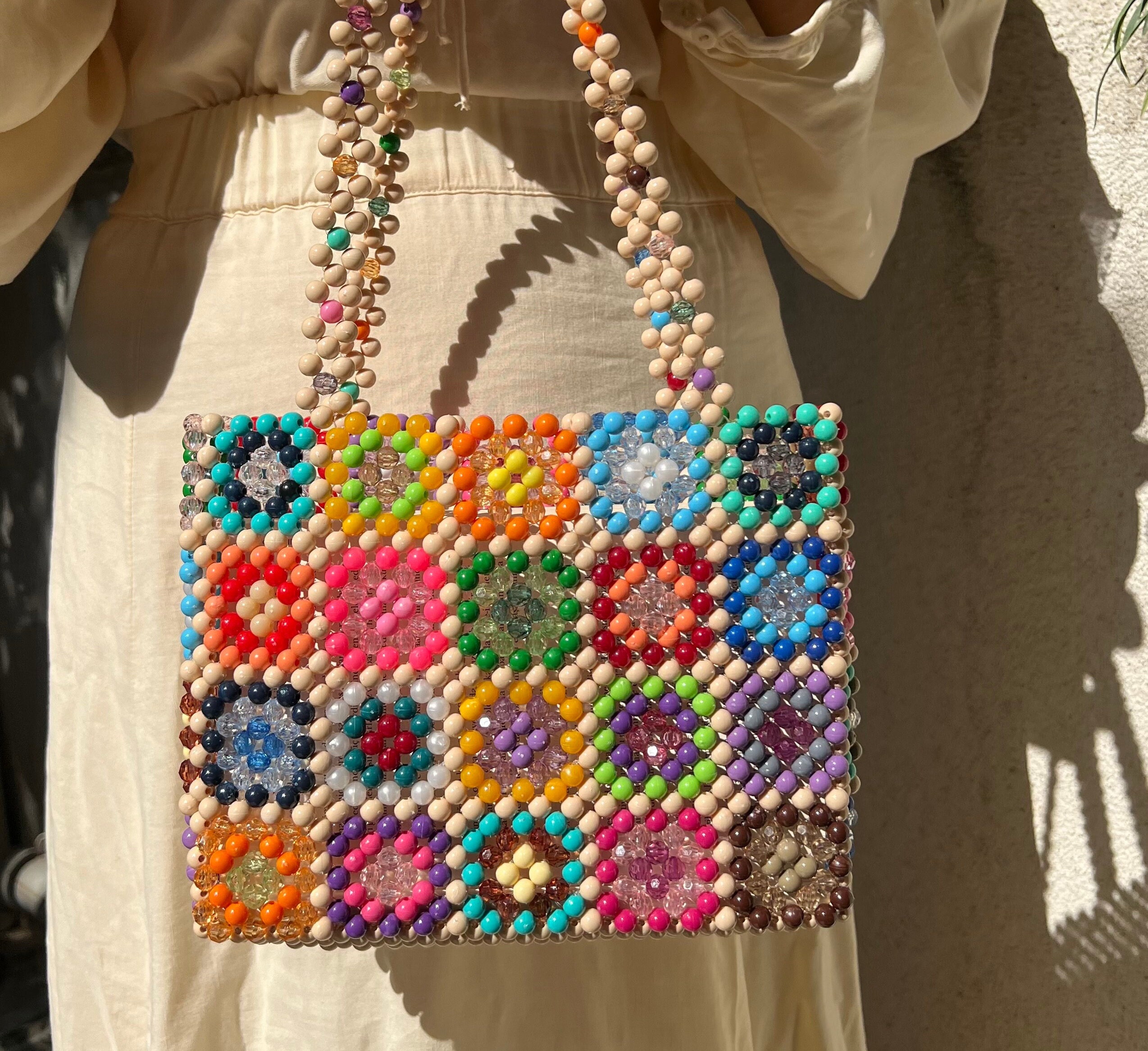 Beaded Shoulder Bag, Granny Square Bead Bag, Ethnic Boho Bead Bag
