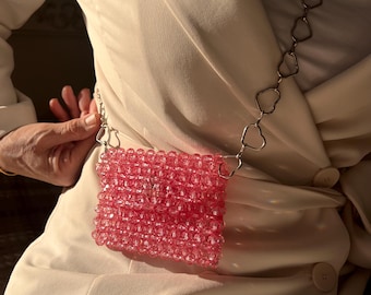 Handmade Pink Crystal Beaded Mini Bag: Heart Strap Cardholder