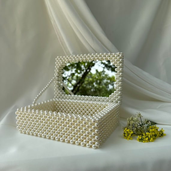 Pearl Wedding Jewelry Box With Mirror, Vintage Pearl Beaded Pearl Wedding Jewelry Box With Mirror, Vintage Pearl Beaded