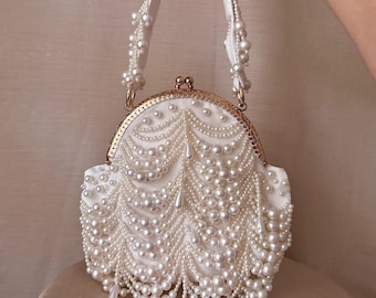 Pearl Bead Bag, Pearl Embellished Bag, Pearl Clutch, Bridal Clutch, Kiss lock Handbag, Wedding Clutch, Victorian Pearl Potli Bag, Pearl Bag