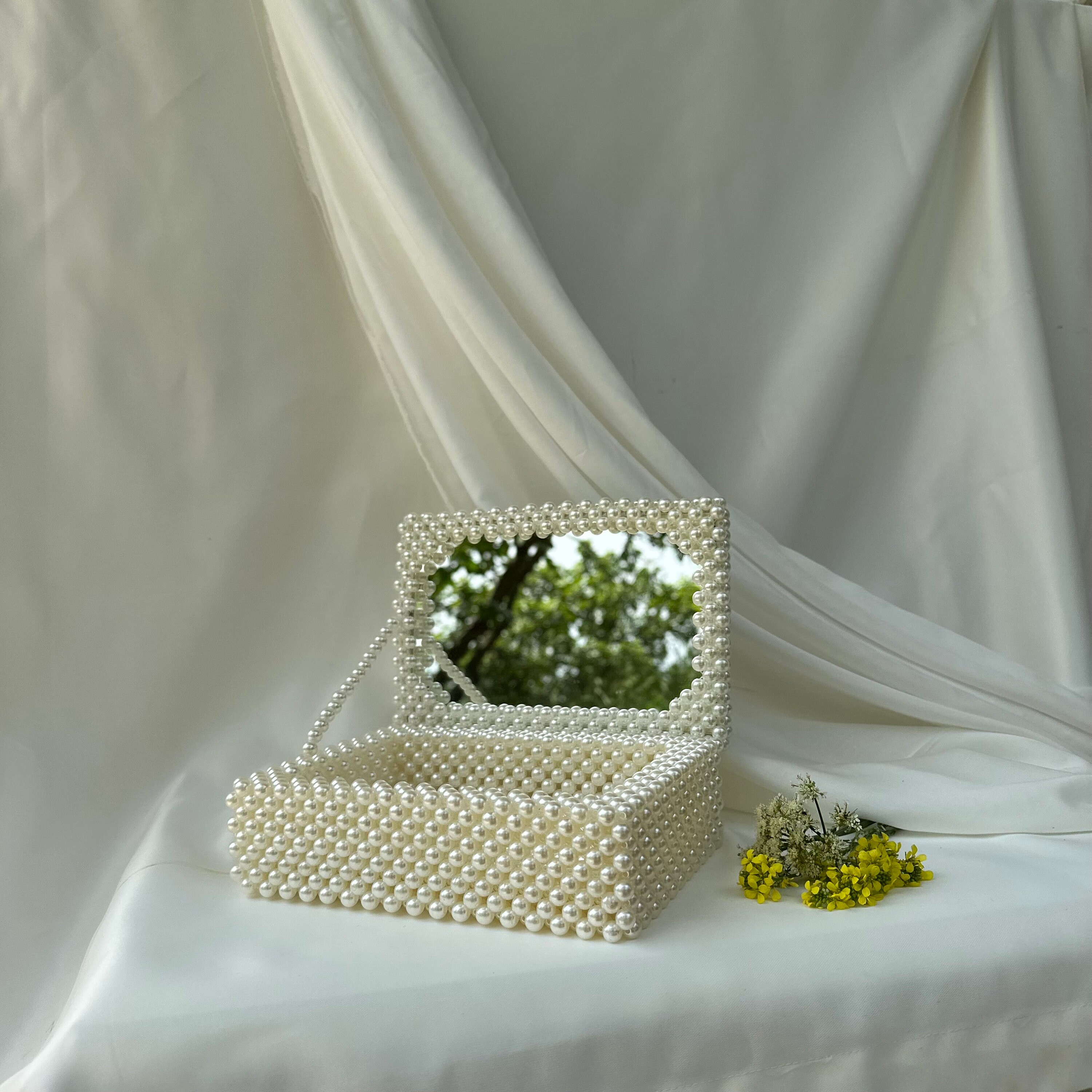 Pearl Wedding Jewelry Box With Mirror, Vintage Pearl Beaded
