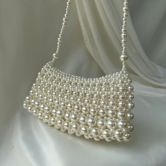 Pearl Beaded Bag, Pearl Clutch Bag, Wedding Pearl Bag, Pearl Shoulder Bag, Vintage Pearl Bead Bag, Bridal Clutch, Wedding Clutch