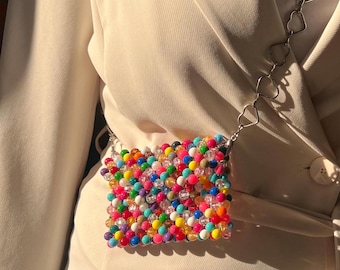 Rainbow Beaded Mini Bag: Handmade Crystal Shoulder Bag with Heart Strap