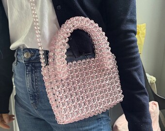 Pink Crystal Beaded Bag for Women, Evening Clutch Purse, Modern Shoulder Bag, Pave Prom Top Handle Bag, Minimalist Crossbody Purse