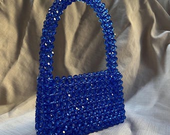 Handmade Blue Crystal Beaded Bag: Elegant Evening Shoulder Bag