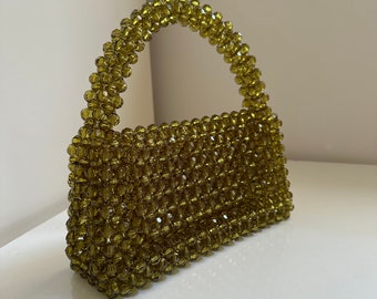 Crystal Beaded Bag With Handle, Dark Green Beaded Bag, Evening Bag For Women, Greeen Handbag For Event, Bridal Wedding Clutch, Stylish Bag
