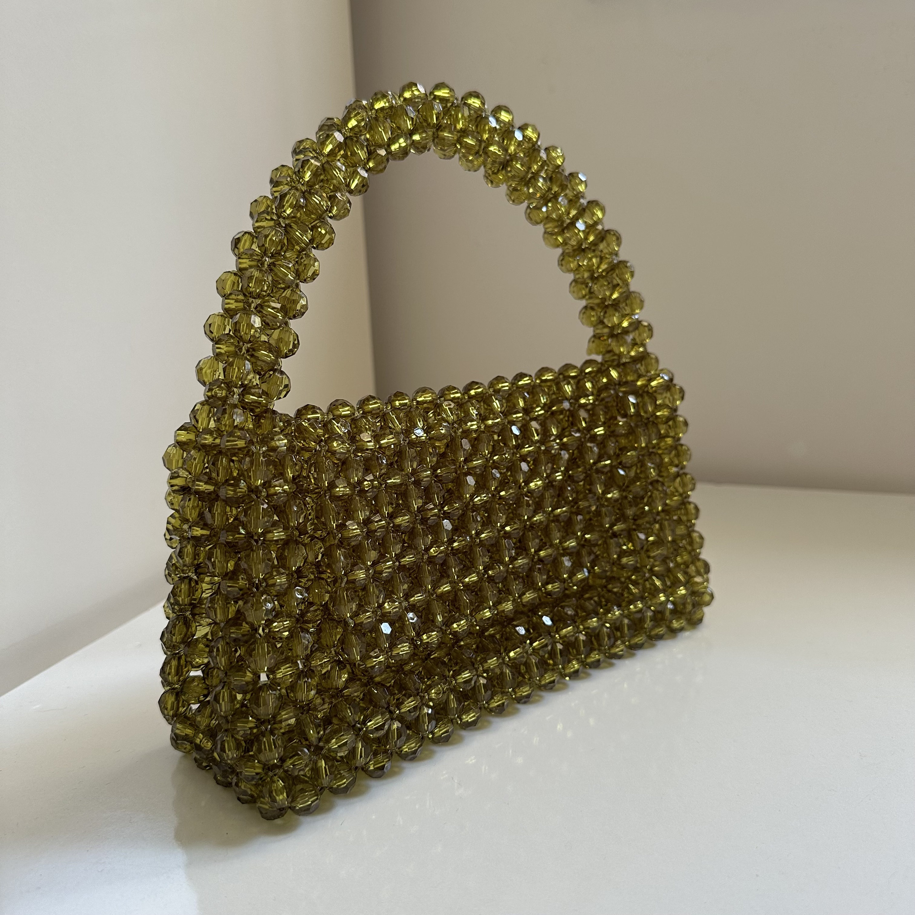 Crystal Beaded Bag With Handle, Dark Green Beaded Bag, Evening Bag