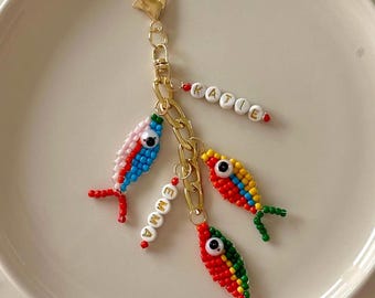 Beaded Fish Bag Charm, Gold Chain Bag Charm, Custom Name Keychain, Personalized Keychain with Name, Backpack  Charms, Cute Bag Charm