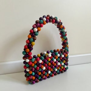 Rainbow Wood Bead Bag: Boho Shoulder Handbag