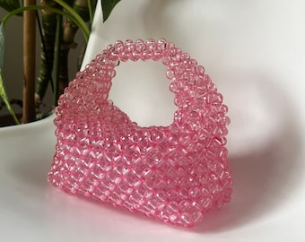 Pink Crystal Beaded Bag for Women, Bead Shoulder Bag, Women Bead bag, Bead Bag, Pink Bead bag, Top Handle Bead Bag
