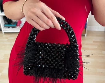 Handmade Black Beaded Bag: Ostrich Feather Evening Clutch