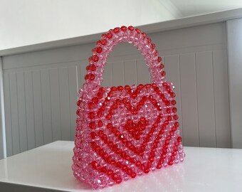 Pink Crystal Beaded Bag, Heart Bead Bag, Pink Evening Bag