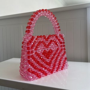 Pink Crystal Beaded Bag, Heart Bead Bag, Pink Evening Bag, Heart Shaped Purse, Top Handle Bead Bag, Red Beaded Bag, Summer Cute Bag