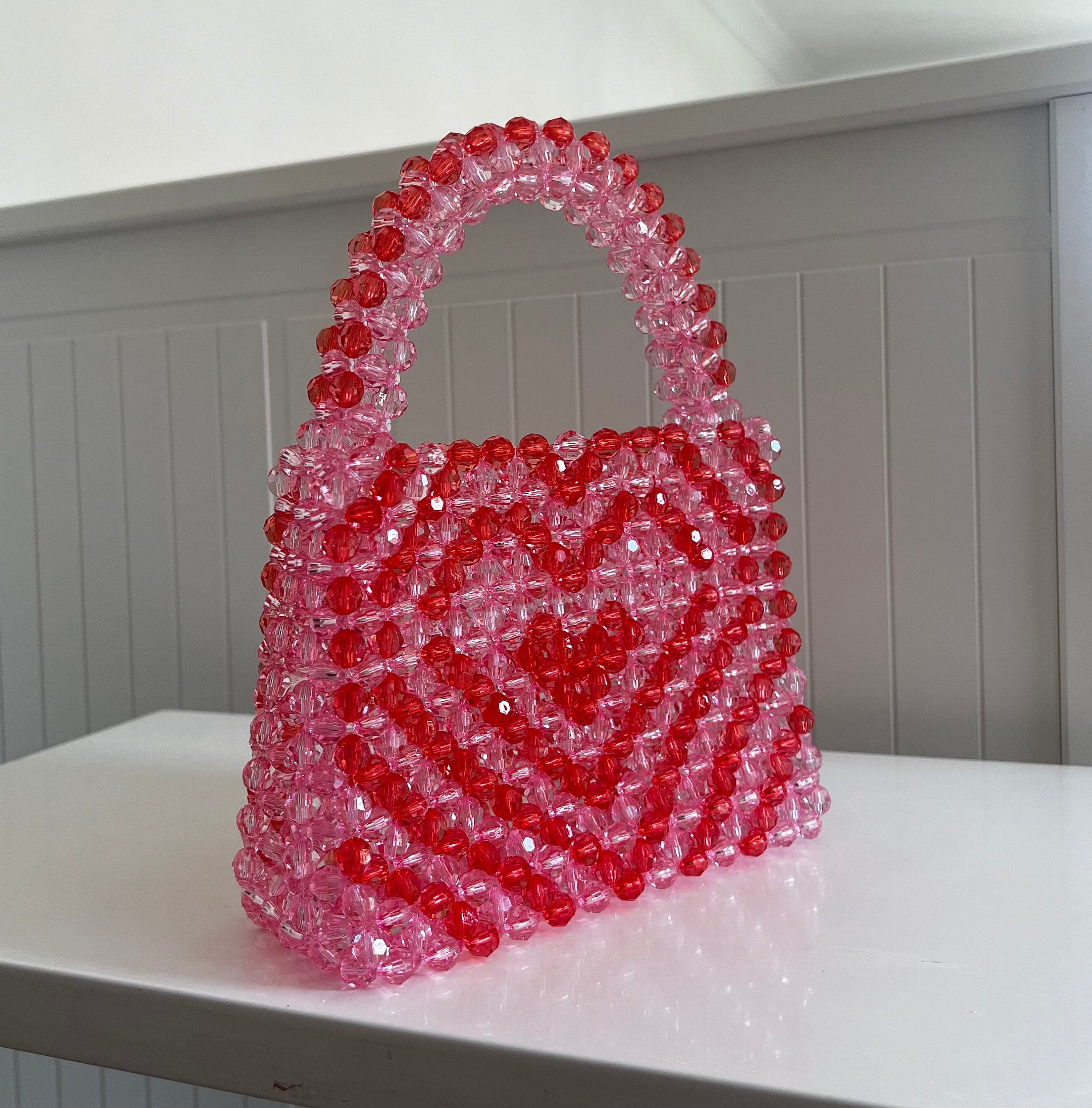 バッグ RED HUMAN MADE HEART BEADED BAG Heart Bead Bag, Red Beaded Bag, Handmade Bead Bag